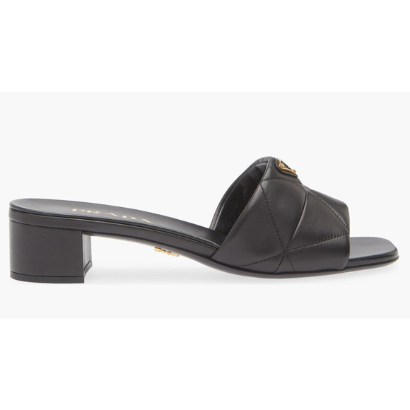 Prada Diagram Quilted Leather Black Gold Logo Slide Sandal Mule Block Heel 39 - Picture 3 of 15